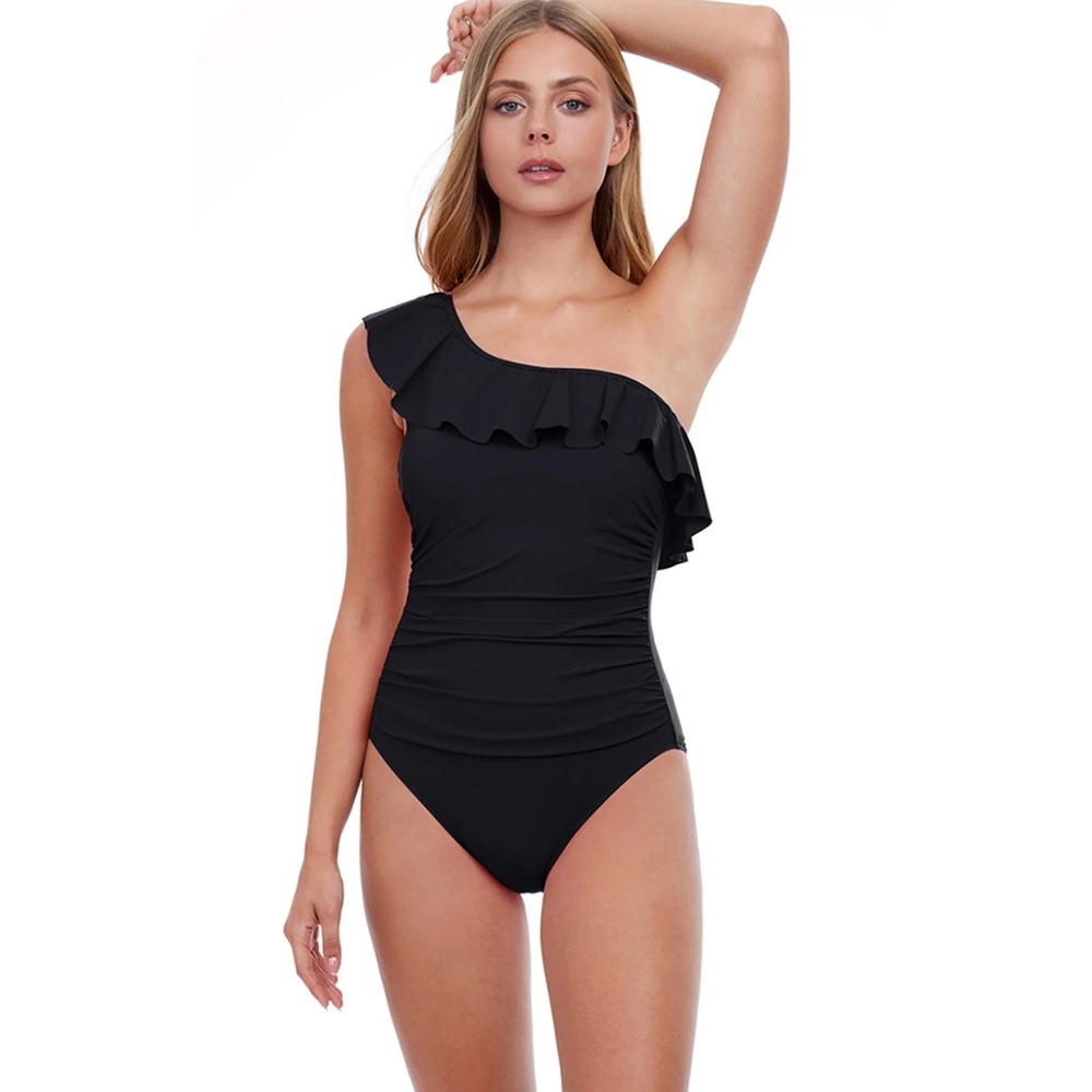 Profile by Gottex One Piece‎ Swimsuit Tutti 10 Black Ruffle One Shoulder Ruched